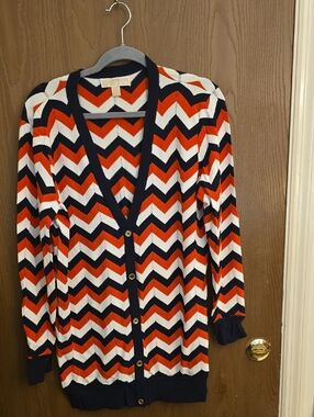 Michael Kors Chevron V-Neck Cardigan - Navy, White & Orange